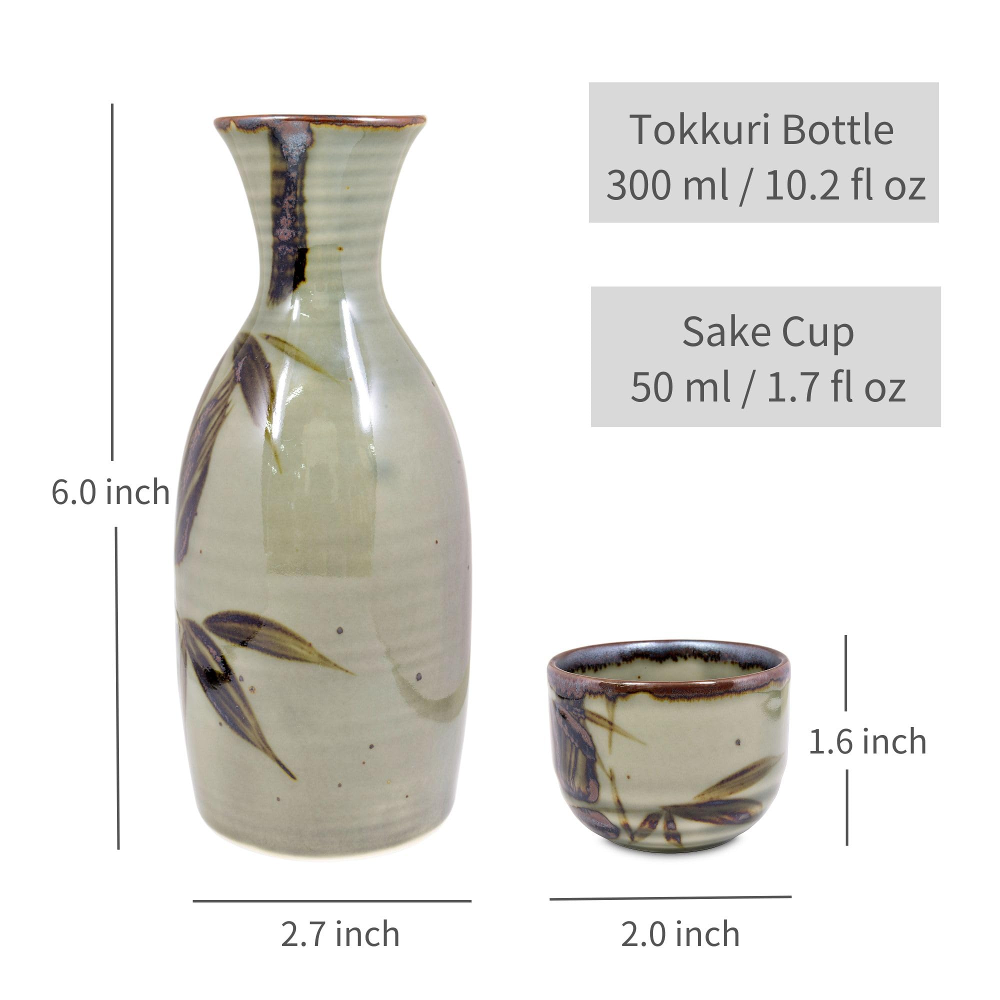 Mino Ware Traditional Japanese Sake Set, Tokkuri Bottle and 4 Ochoko Cups, Green Mashikodake