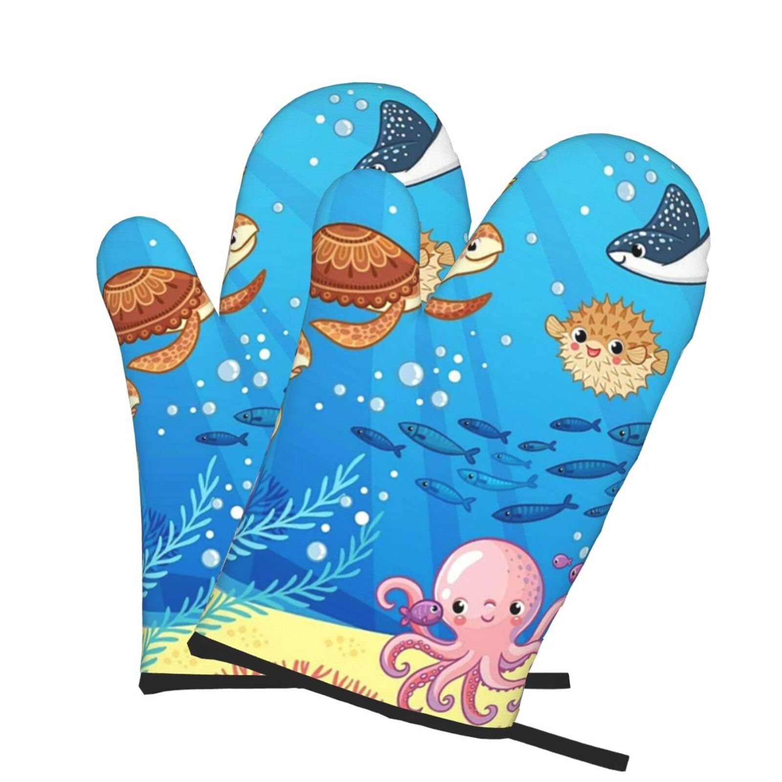 Oven Mitts Set of 2 Pcs, Underwater world fish dolphin Prints Heat Resistant Kitchen Gloves for Cooking Baking Grilling