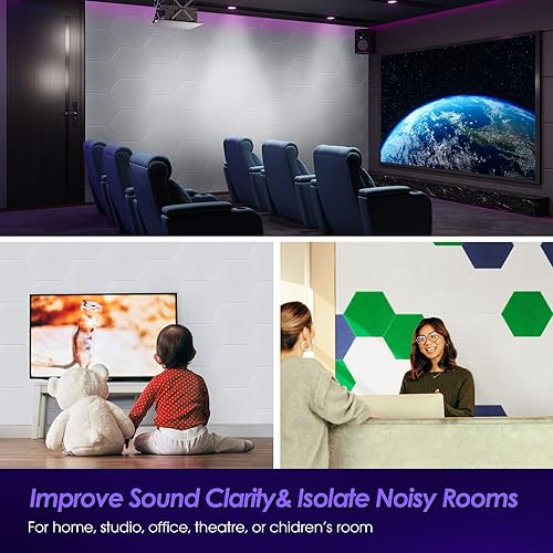 Miniatura 6 de Tao.space Paneles acústicos, paquete de 12 paneles de pared autoadhesivos insonorizados hexagonales, 14 x 12 x 0.4 pulgadas, paneles de pared