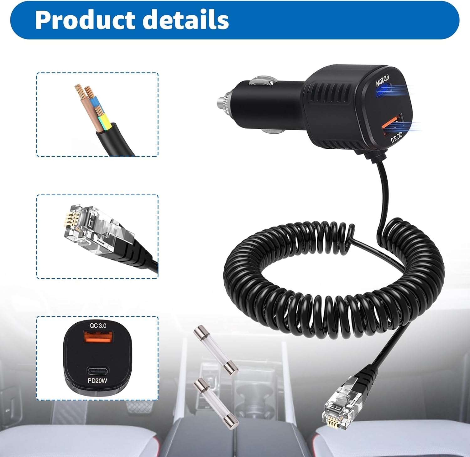 Compatible with Uniden LRDACRJ1148 for Uniden R8W R8 R7 R4W R4 Radar Detectors 12V DC Power Adapter Coiled Cord with Type-C Fast Charging Port