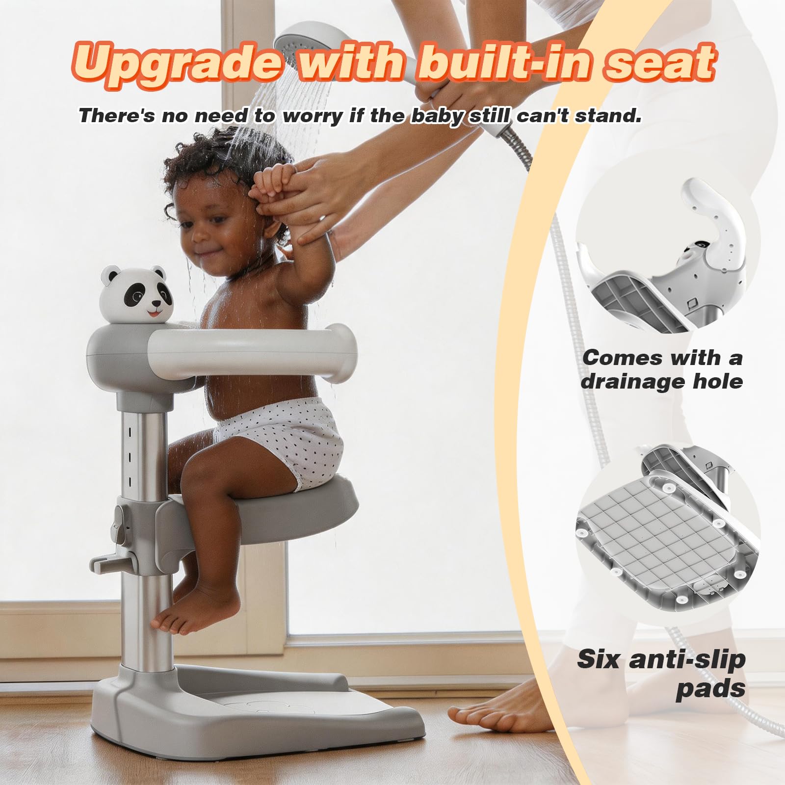 Soporte de baño para bebé con base antideslizante, soporte de ducha ajustable en altura para niños de 12 a 36 meses, soporte de pie estable para correr y bañarse de forma segura