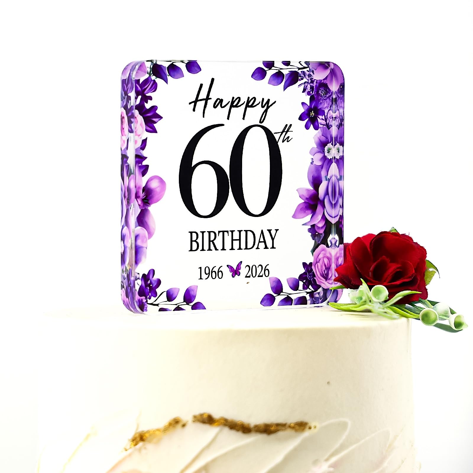 Happy 60th Birthday Acrylic Cake Topper, Purple Floral, 10x10cm