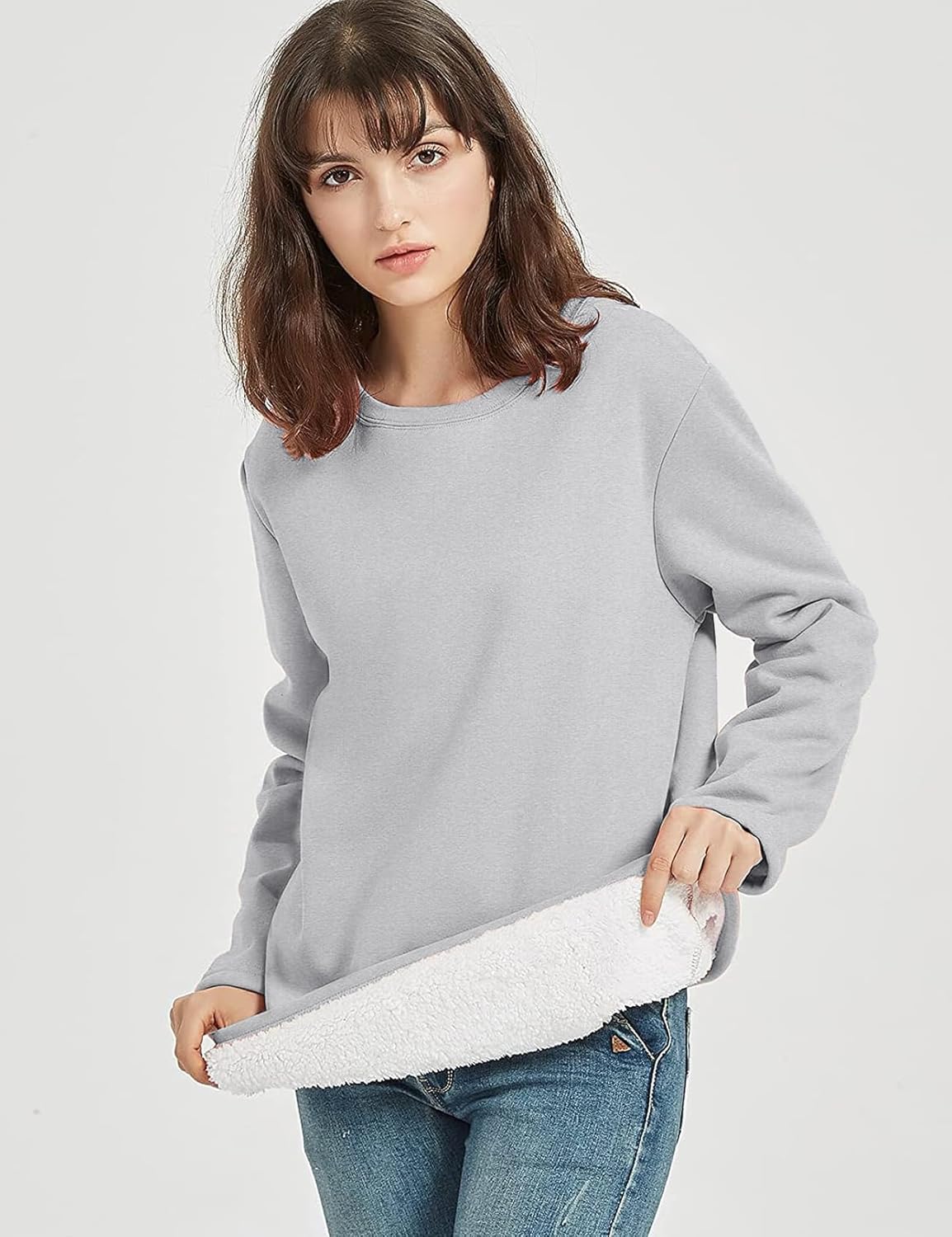 Flygo Women's Winter Warm Sherpa Lined Fleece Crewneck Sweatshirt Pullover Loungewear Tunic Tops - Image 2