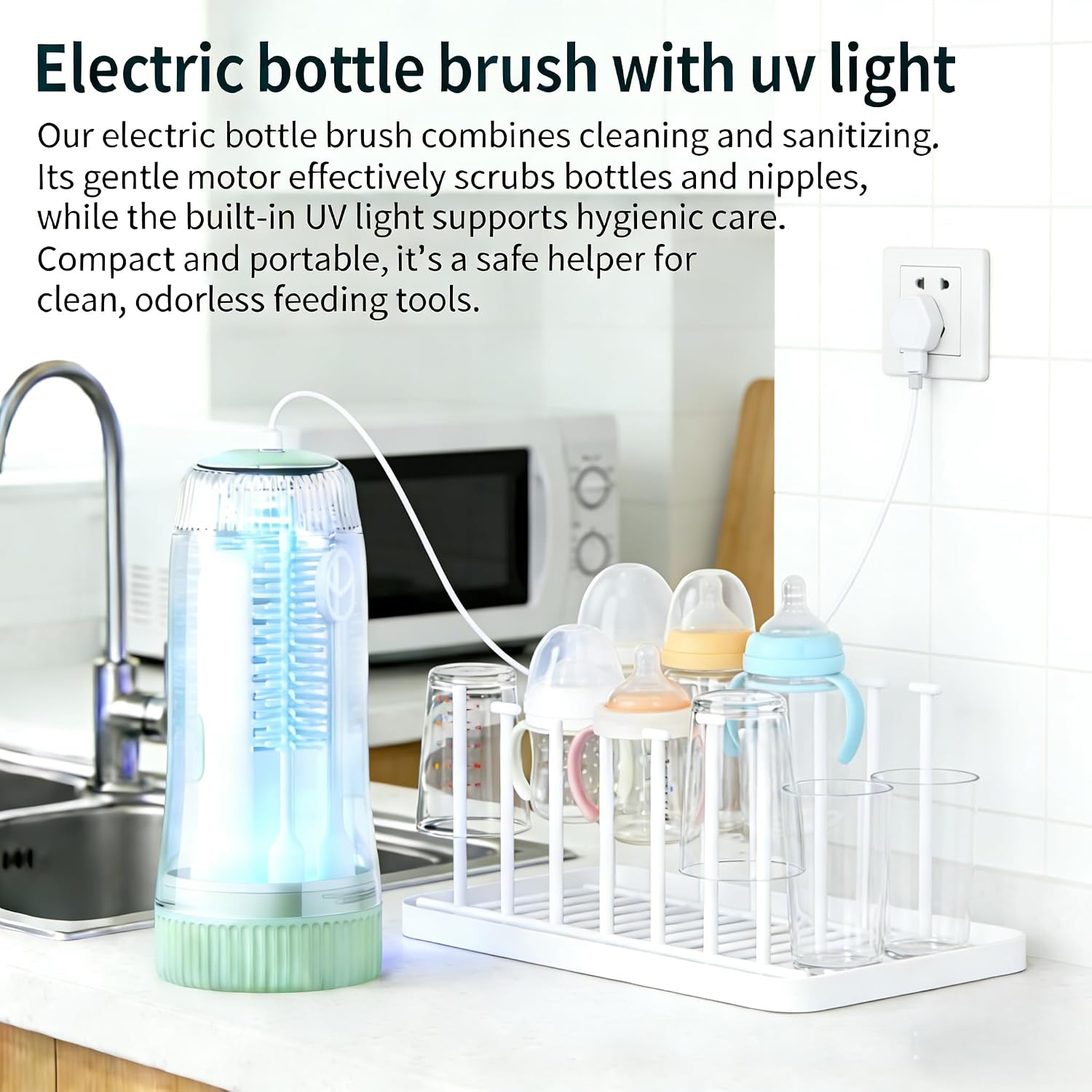 Portable Electric Silicone Bottle Brush Set, 7-in-1 UV Light USB Charging, Nipple/Straw Cleaner, Milk Mixer, Built-in Drying Rack & Storage Case, BPA-Free, IPX7, On-the-Go for New Parents (Mint)