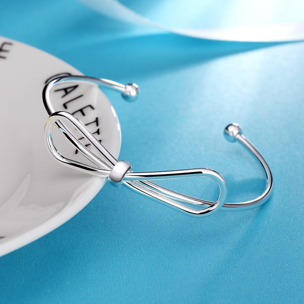 Greendou Fashion Jewelry 925 Sterling Silver Plated Bow-Knot Double Round Head Open Bangle Bracelet - Image 4