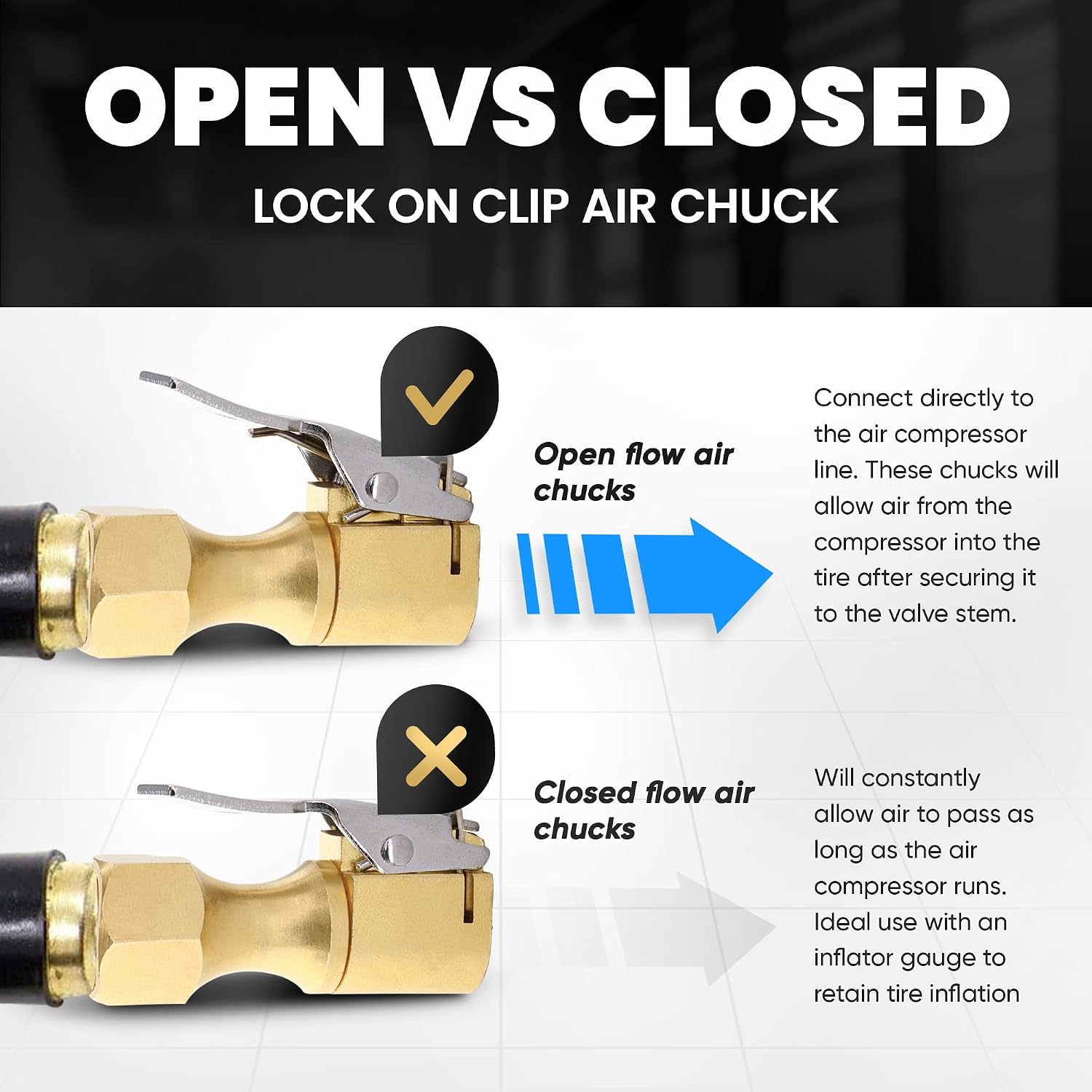 Air Chuck, Closed Flow Heavy-Duty Locking Tire Air Chuck, With Quick Connect, Solid Brass, 1/4 Inch Female NPT Thread, 250 PSI, Fits Most Air Hose, Air Inflators, 2 in a Pack