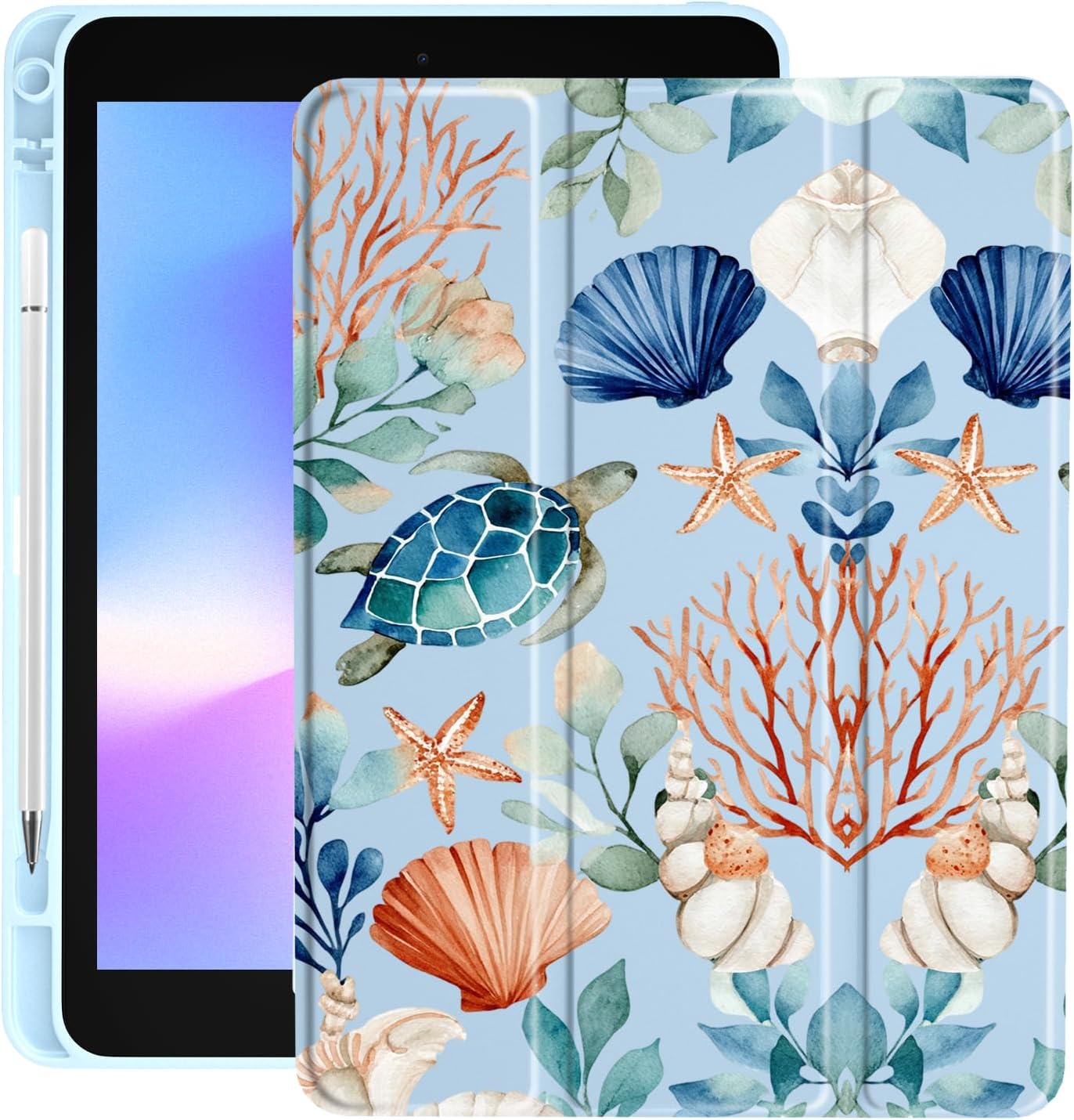 LuGeKe Coastal Watercolor Sea Print Case for iPad 5th/6th Generation Unique Case,Pencil Holder & Clear Acrylic Back & Trifold Stand Cover for Women