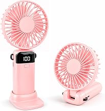 CNMTCCO Handheld Fan, Rechargeable Portable Fan with LED Display, 5 Speeds Mini Fan 90-Degree Foldable Hand Fan, USB Desk Fan for Home Office Bedroom Outdoor Travel (Pink)