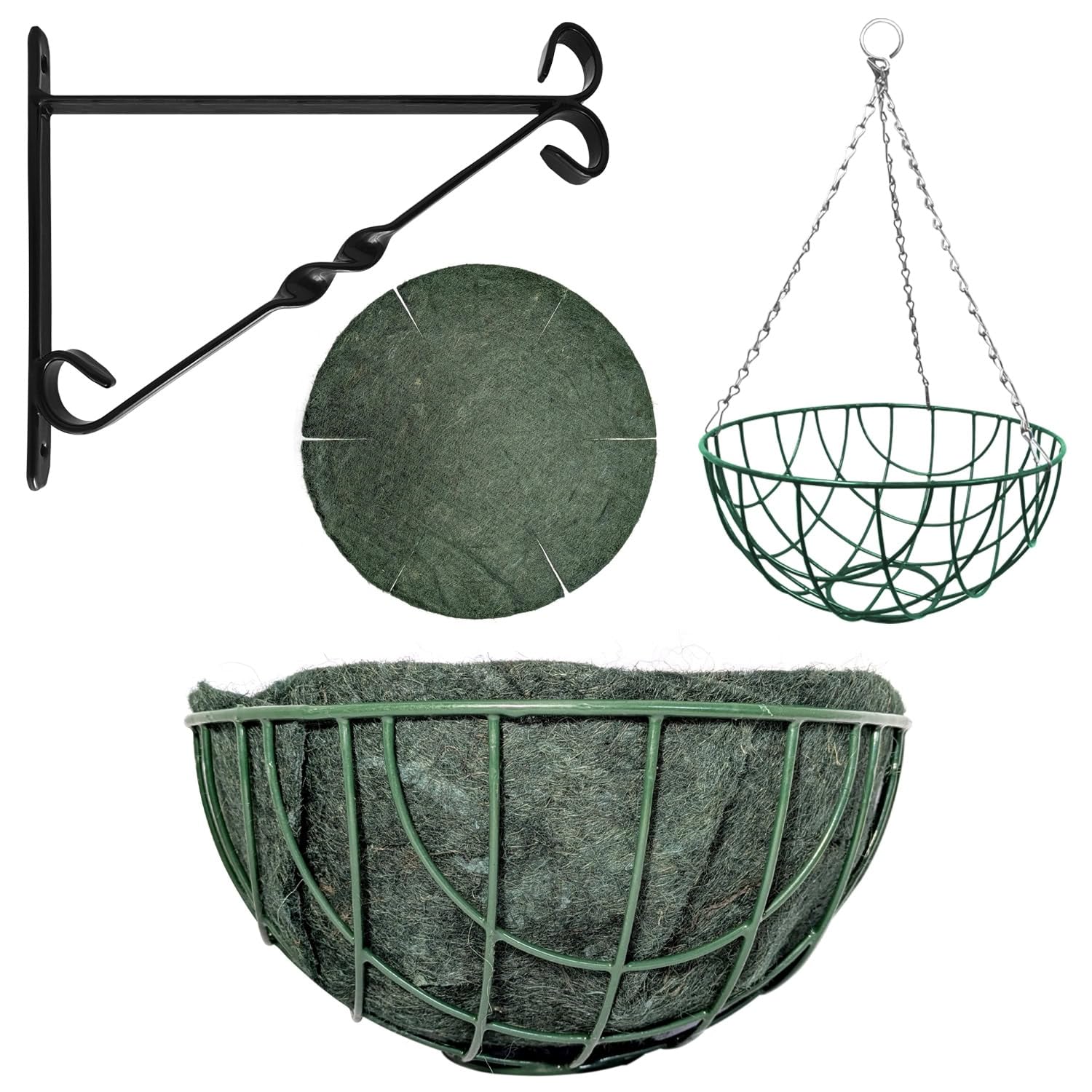 Elixir Gardens Green Hanging Basket Various Widths 12-18" Optional Liners and Brackets | 12" with Bracket and Liner x20