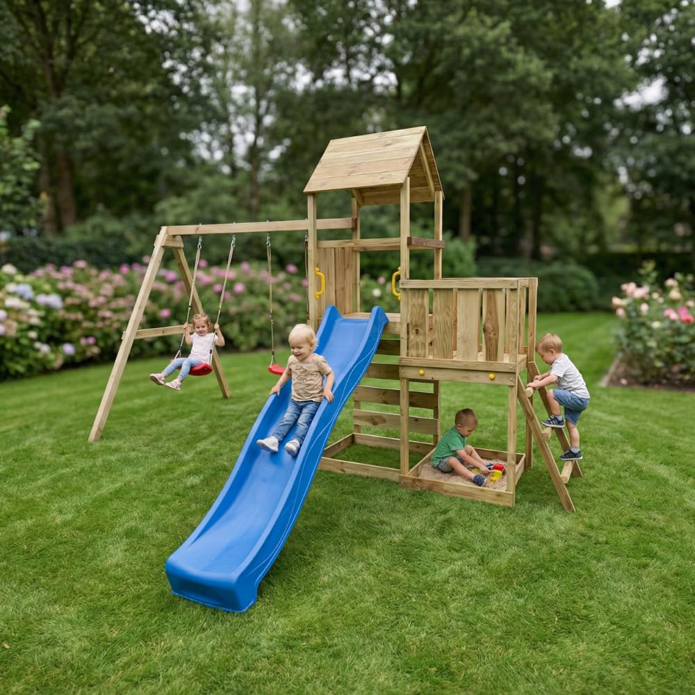 Gioco da Giardino in Legno Maxplay 3.2 con Torre a 2 Livelli, Scivolo 2,2 m, Doppia Altalena e Parete Arrampicata – Parco Giochi Completo con Sabbiera, 356x395x262 cm, Legno Impregnato (Blu)