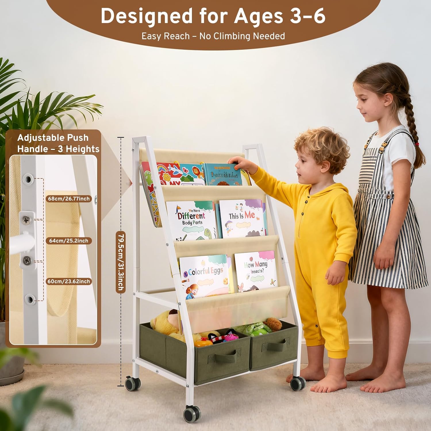 3-Tier Kids Bookshelf with Storage, Wheels & Handle, Montessori Sling Book Organizer for Toddlers, Easy-to-Move Book Shelf, Nursery Bedroom Bookshelf