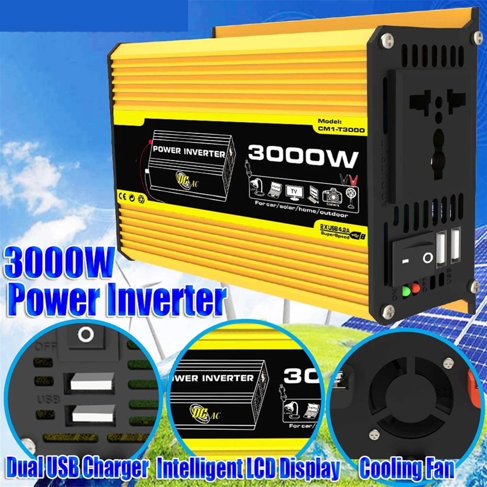 Mikroinwerter, 3000W Pojazd Inteligentny Inwerter DC 12V do AC Samochodowy Transformator Napięcia Wbudowany Bezpiecznik Cyfrowy Inwerter Mocy do Przyczepy Kamperowej(Nero)