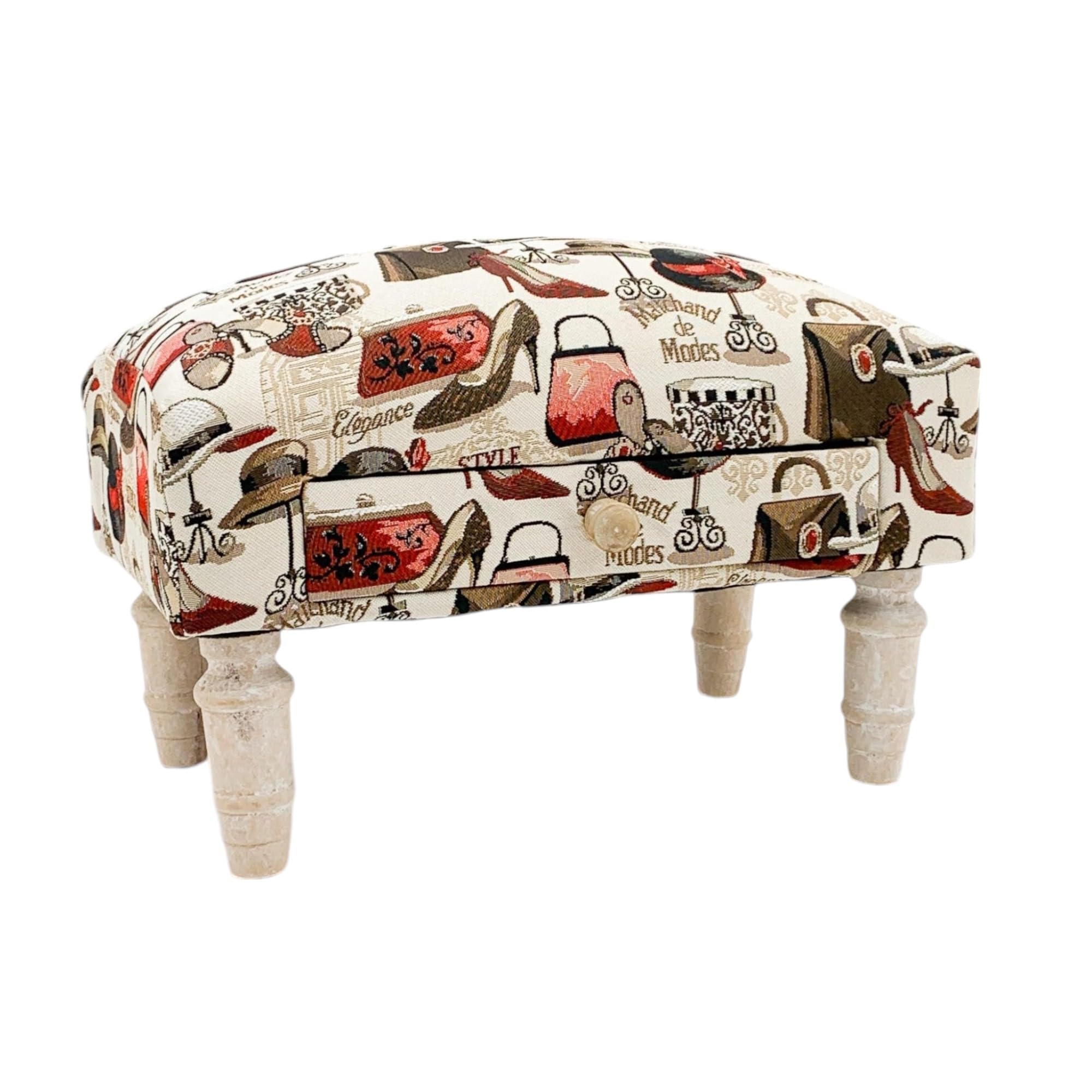 AcaciaHome Stylish & Durable Tapestry Deluxe Upholstered Ottoman Footstool with Drawer - Solid wood Lounge Padded Removable Legs Stool for Home, Bedroom, Living Space or Office (Ladies Handbag)