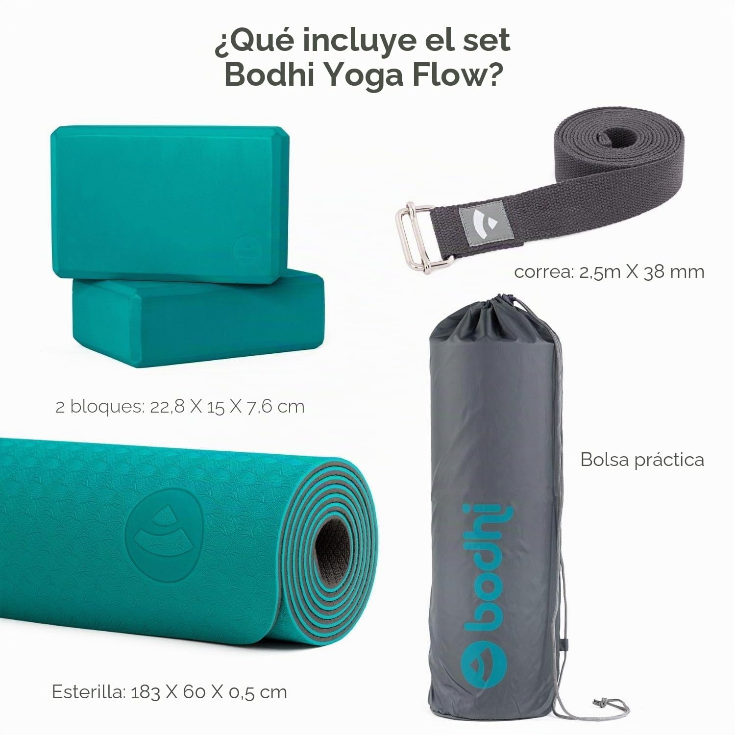 Bodhi Juego completo de iniciación de yoga, esterilla de yoga antideslizante de TPE, incluye 2 bloques de yoga de EVA (goma) y 1 correa de yoga de algodón, juego de principiantes para principiantes