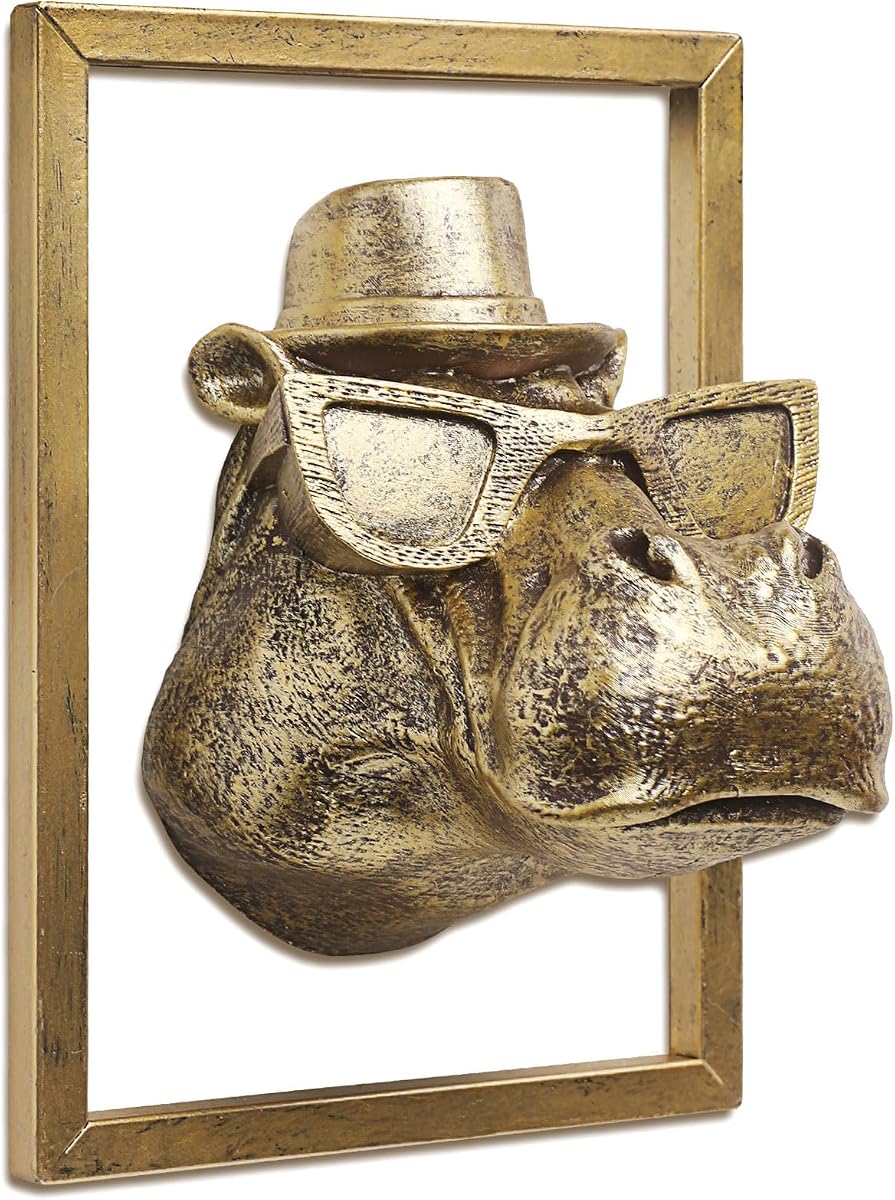 JJALIGHTS Exquisita Escultura de Pared con Cabeza de Animal de Resina (Marco de Metal de Regalo) - Decoración Vintage de Cobre de imitación para Sala de Estar, Dormitorio y Oficina | Arte decorativo para colgar en la pared (hipopótamo)