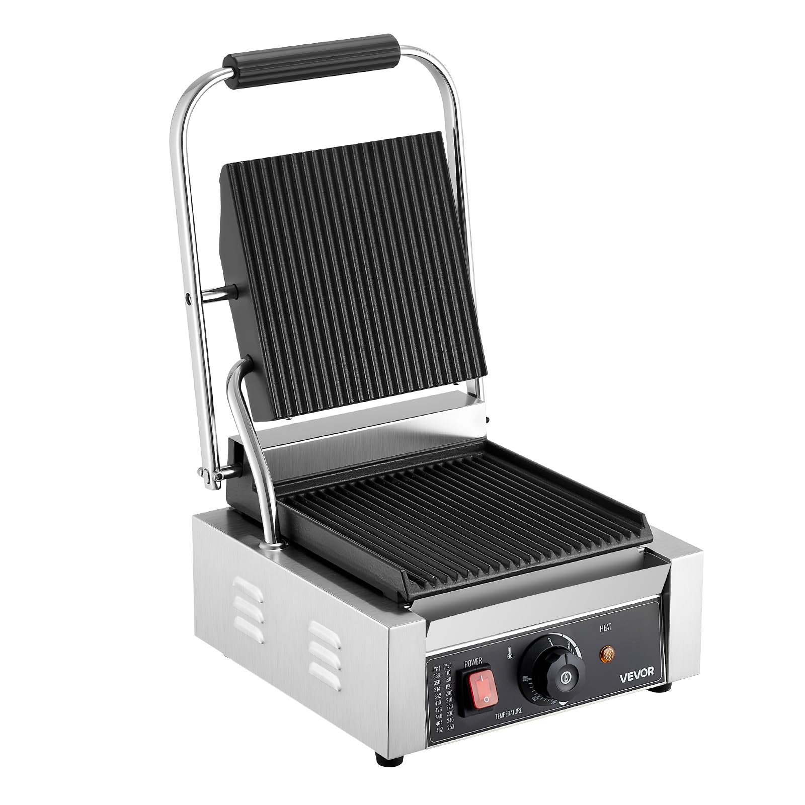 VEVOR Piastra Elettrica per Panini Professionale, 1800 W, in Acciaio Inox con Maniglia e Controllo della Temperatura, Piastra Smaltata Scanalata Piatta da 22 x 23 cm, per Bistecche, Pancetta