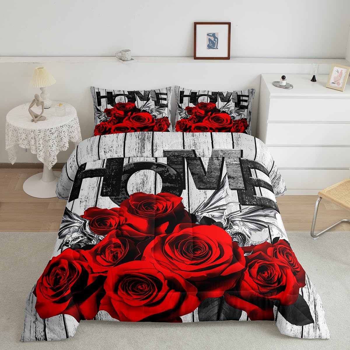 Juego de edredón floral rustic queen con rosas y diseño de madera