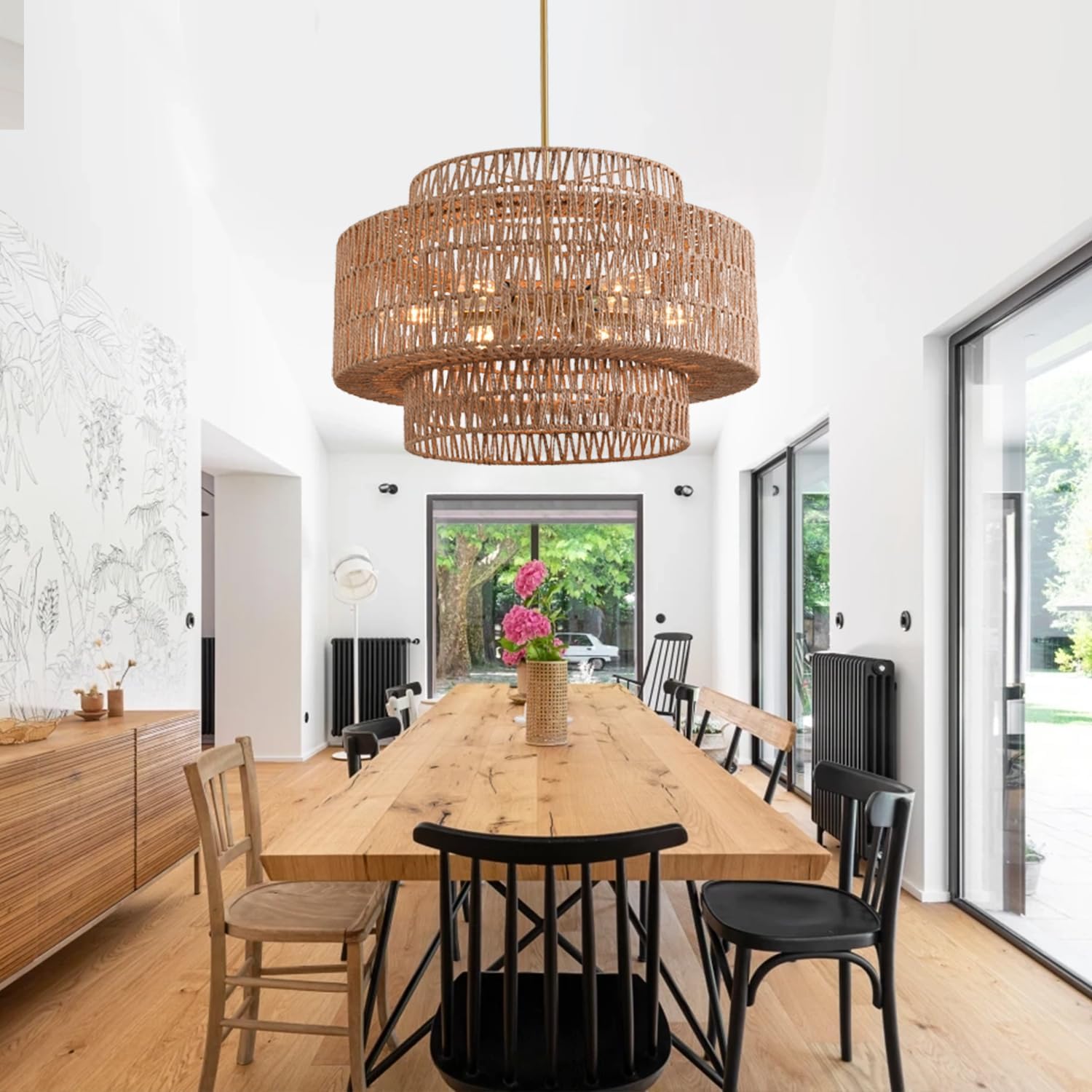 Boho Rattan Chandelier, 6-Light Dining Room Light Fixture,23.62" Wicker Pendant Lighting with3-Tier Woven Lampshade, Large Farmhouse Chandeliers for Kitchen