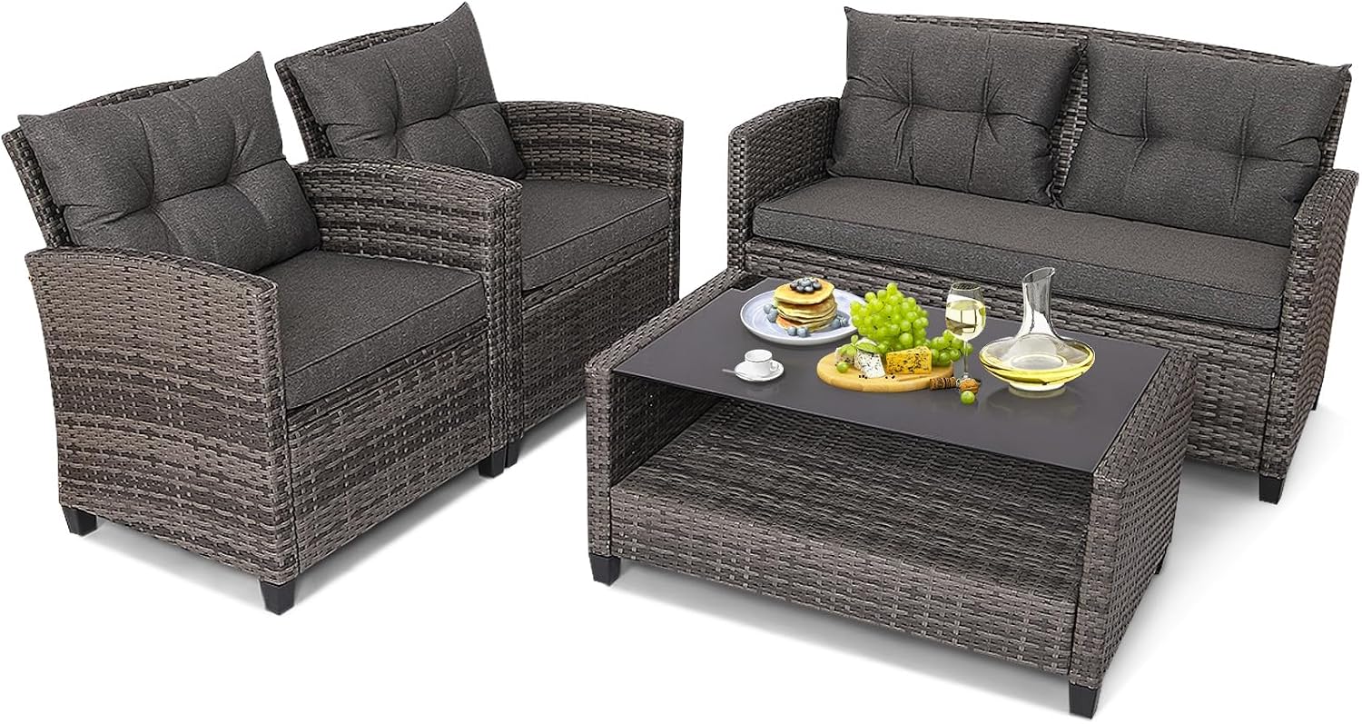 ORALNER 4 Pieces Patio Furniture Set, Wicker Conversation Set Rattan Chairs with Soft Cushions, Glass Coffee Table, Outdoor Loveseat Sofa Set for Front Porch Balcony Garden Deck Poolside (Grey)