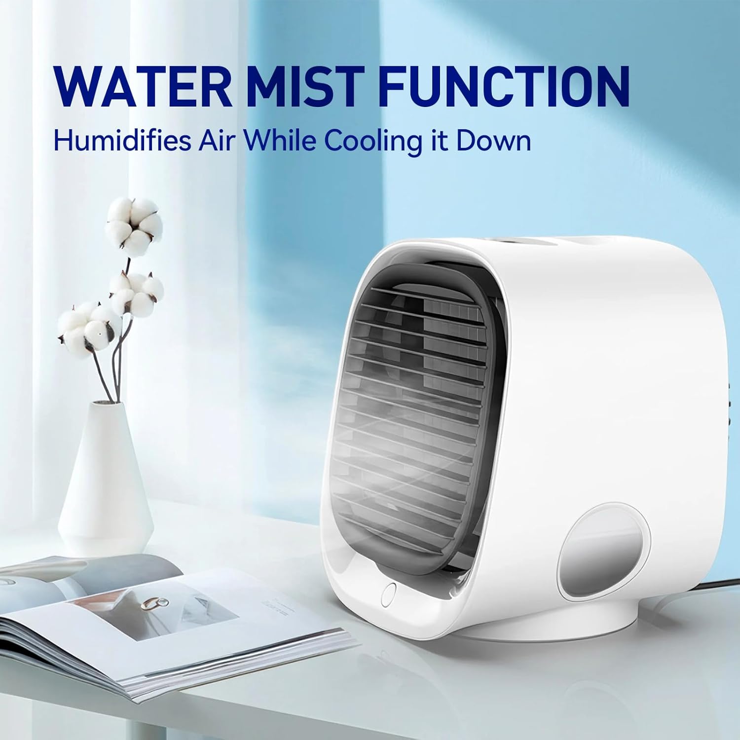 Generic Portable Air Conditioner M201, white color, with insets showing three fan speed settings: Gentle, Enhanced, and Strong.
