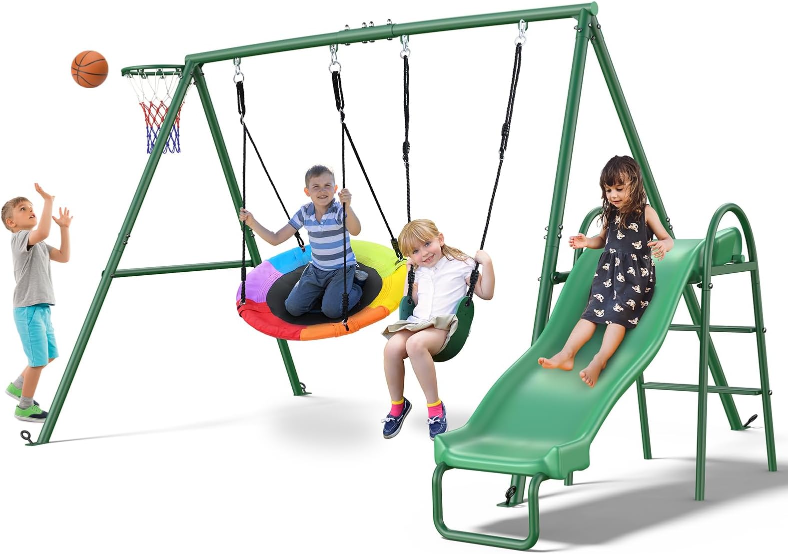 Hapfan 440lbs Swing Sets with Slide for Backyard, Swingset Outdoor for Kids, Heavy Duty Metal Playset, Saucer Swing, Belt Swing, Basketball Hoop