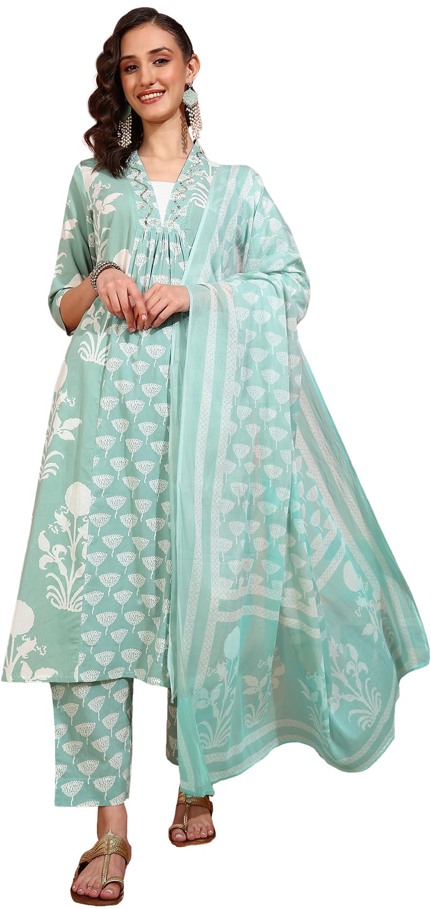 Yash Gallery Women's Cotton Floral Printed V-Neck 3/4TH Sleeve Calf Length Anarkali Kurta With Pant & Dupatta