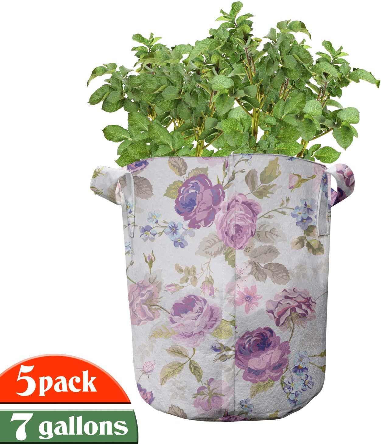 Lunarable Shabby Flora Grow Bags 5-Pack, Springtime Arrangement, Heavyduty Fabric Pots with Handles for Plants, 7 Gallon, Lavender Pale Blue