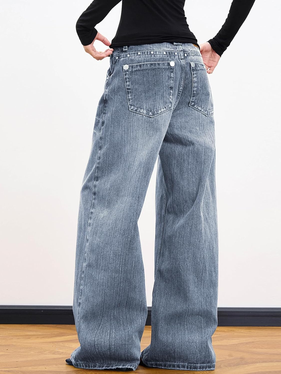 EMMIOL 2026 Women’s Mid High Waisted Wide Leg Jeans Rivet Y2K Baggy Jeans Trendy Loose Straight Denim Pants with Pockets - Image 4