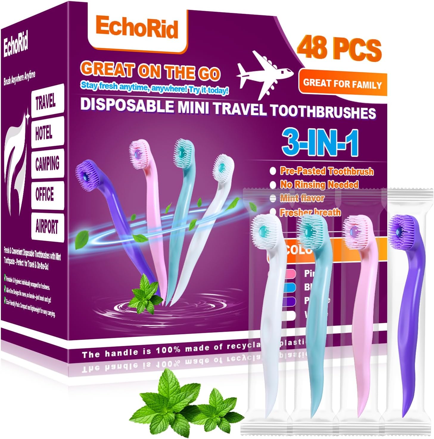 Mini Disposable Toothbrush, Pre-Pasted Toothbrushes with Toothpaste and Toothpick for Travel - Fluoride Free, No Rinsing Needed, Mint Flavor, Fresh Breath Anywhere Anytime - 48 Ct
