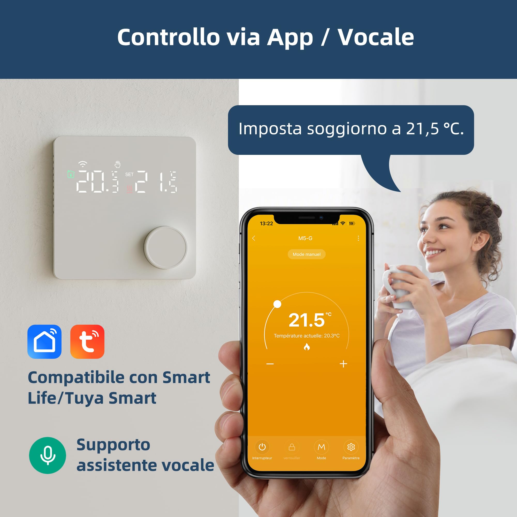 Termostato Wi-Fi programmabile con contatti a secco per caldaia, 230V