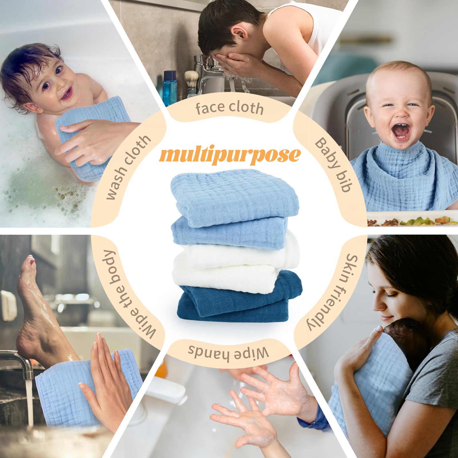 MIGIOL Baby Burp Cloths 100% Cotton Newborn Muslin Burp Cloths 10x20 inches Baby Essentials White & Blue 6-Pack view 4