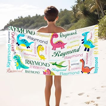 Kids Beach Towels - Personalized Beach Towels for Kids with Names - Custom Pool Towels for Boys Girls - Customized Bath Towels - 6 Sizes - Cotton/Poly Travel Towel Dinosaur B