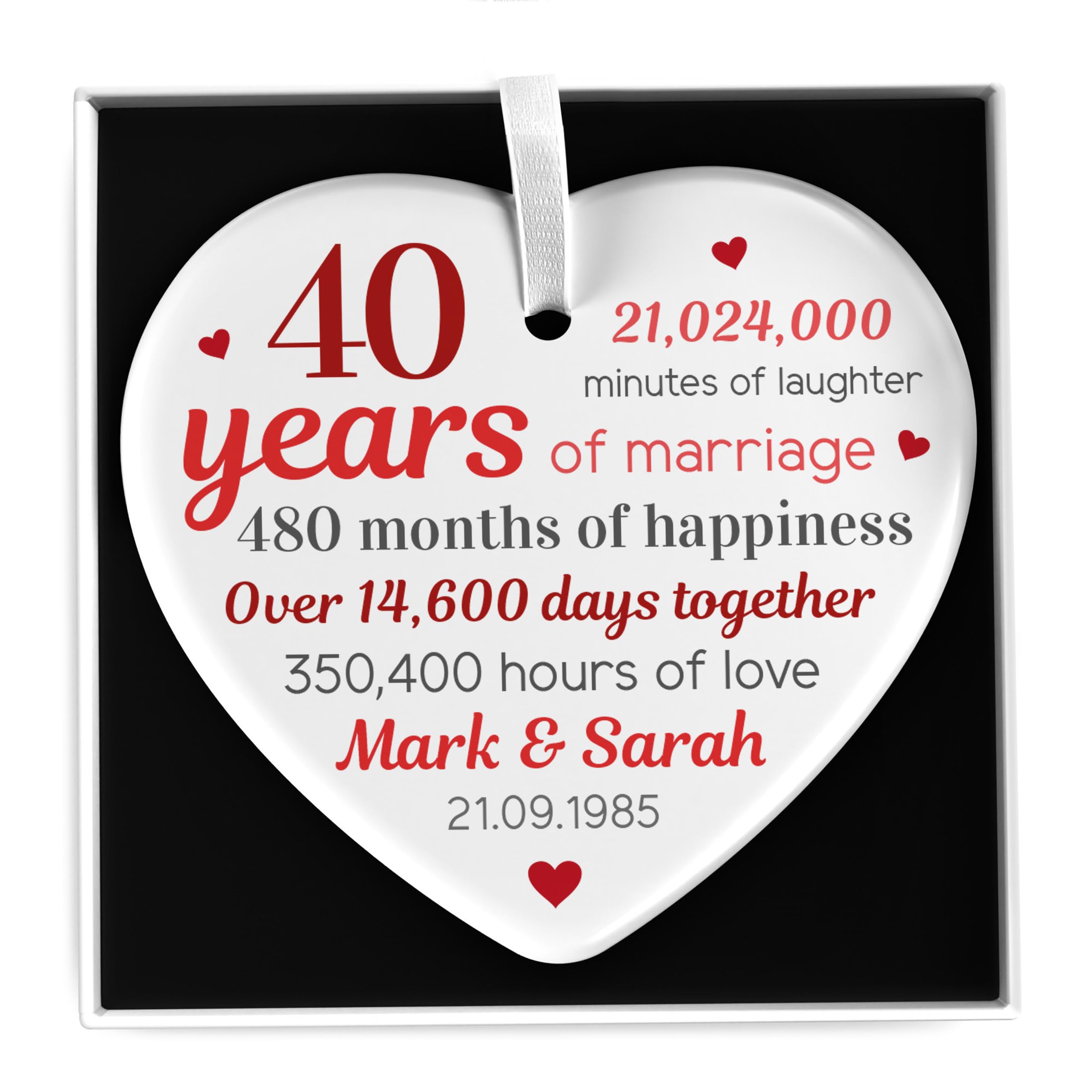 Beecreative Personalised 40th Ruby Wedding Anniversary Keepsake - 40 Years Anniversary - Mum Dad Parents Grandparents - Ceramic Ornament With Gift Box