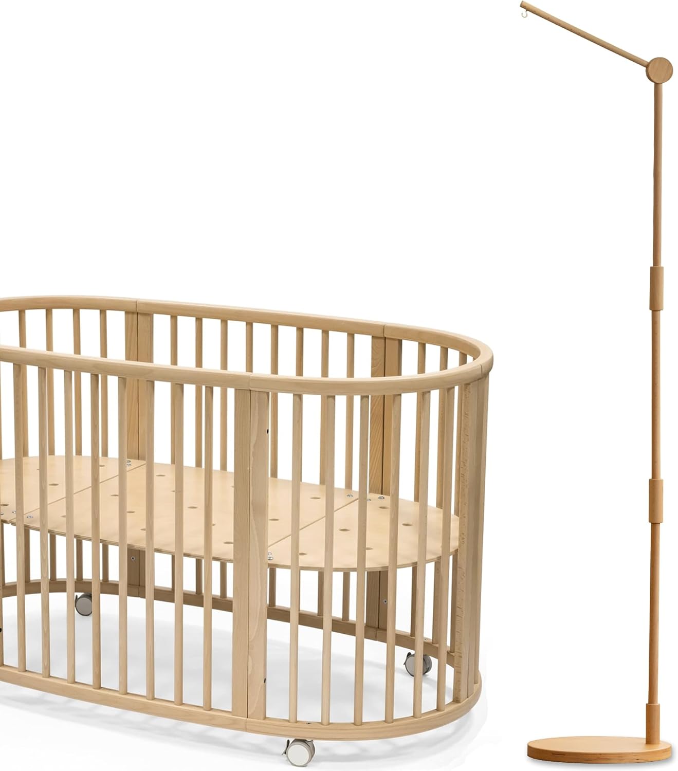 Wooden Floor-Standing Crib Mobile Arm Pro 61 Inches for Baby Nursery-Movable Baby Mobile Hanger with Strong Anti-Dumping Attachment-100% Natural Beech Wood-Thicker Wooden Pole-UpgradeThickened