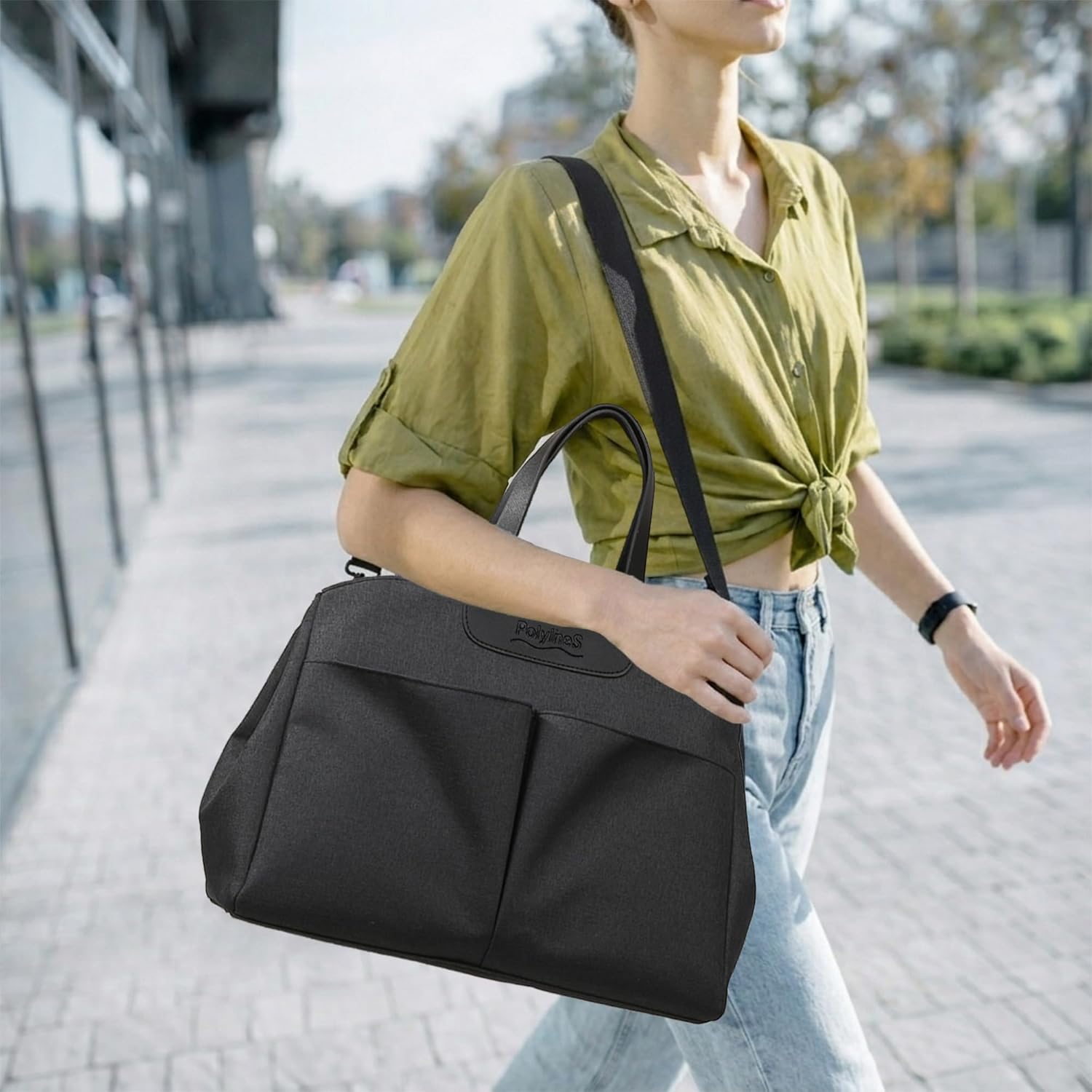 Large Tote Bag for Women, Lightweight Work Handbag with Cup Holder & Laptop Compartment, Spacious Travel Shoulder Bag for Office, Gym, College, Daily Commute (Heathered Black)