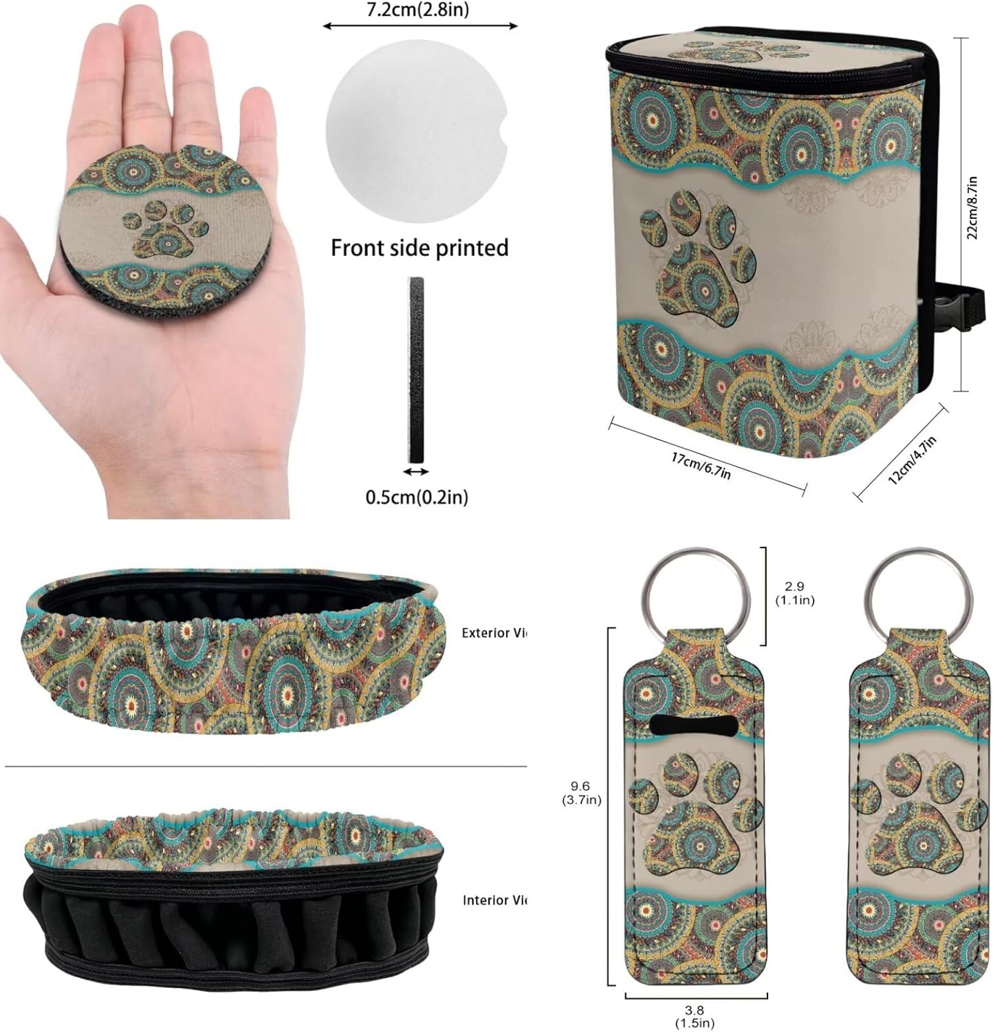 Dog Paw Print Car Seat Covers Full Set of 12 Car Seat Belt Pad Cover Steering Wheel Cover Car Trash Can Rear View Mirror Cover Car Cup Coasters Keychains Keychain Holder