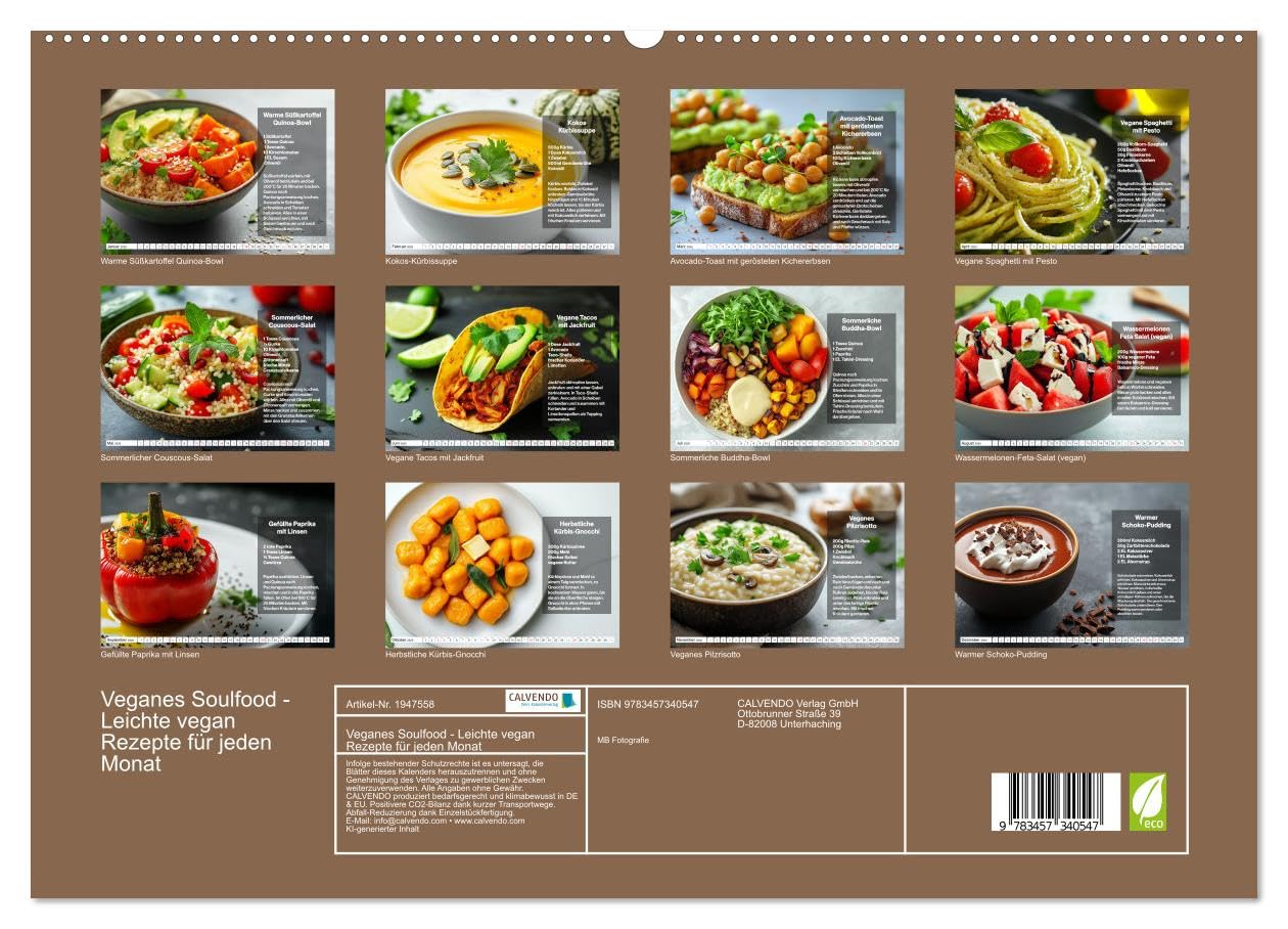 Veganes Soulfood - Leichte vegan Rezepte für jeden Monat (hochwertiger Premium Wandkalender 2026 DIN A2 quer), Kunstdruck in Hochglanz: Jeden Monat ... lecker und saisonal! (CALVENDO Lifestyle)
