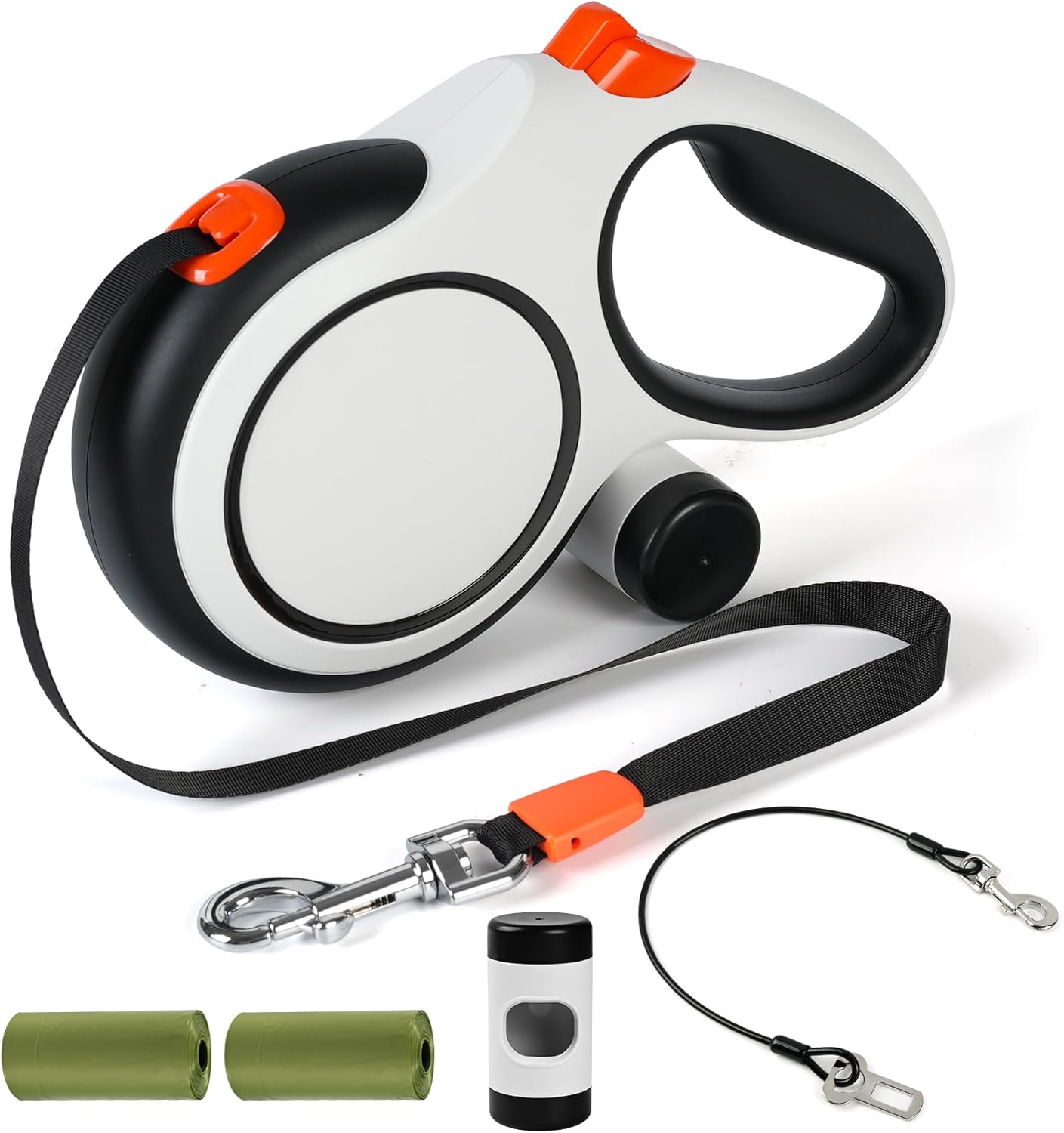 Upgraded Retractable Dog Leash with Chew Proof Cable, 26ft Heavy Duty Dog Leash for Large Dogs up to 110lbs, No-Tangle, Non-Slip Handle, One-Handed Brake, with Poop Bag Holder (White, L 26Ft)