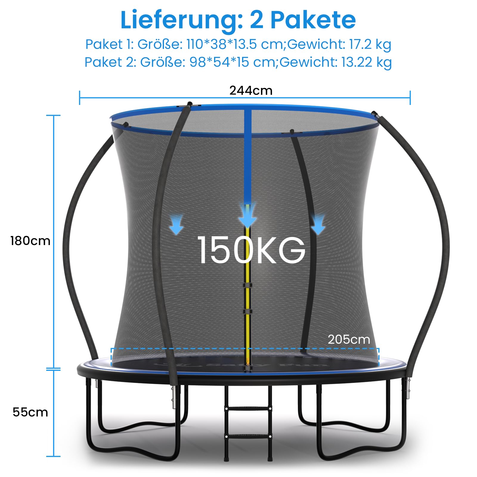 Safly Fun Trampolin Outdoor Ø 244/305/366 cm with Montagezubehör, Trampolin Kinder, Bodentrampolin, Die Maximale Tragfähigkeit Beträgt 50-150 kg, Für Erwachsene, Kinder und Familien