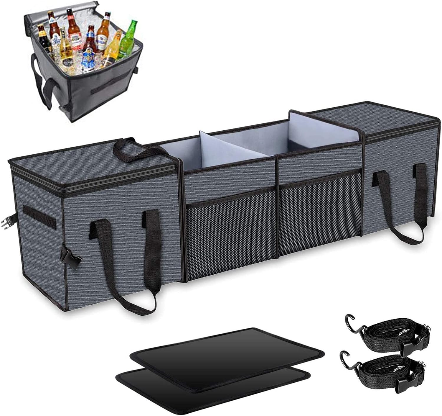 X-cosrack Car Trunk Organizer, Storage with Insulation Cooler Bags for SUV, Truck, Automotive, Van, Cargo, Collapsible Portable Multi Compartments Cargo Organizer with Straps