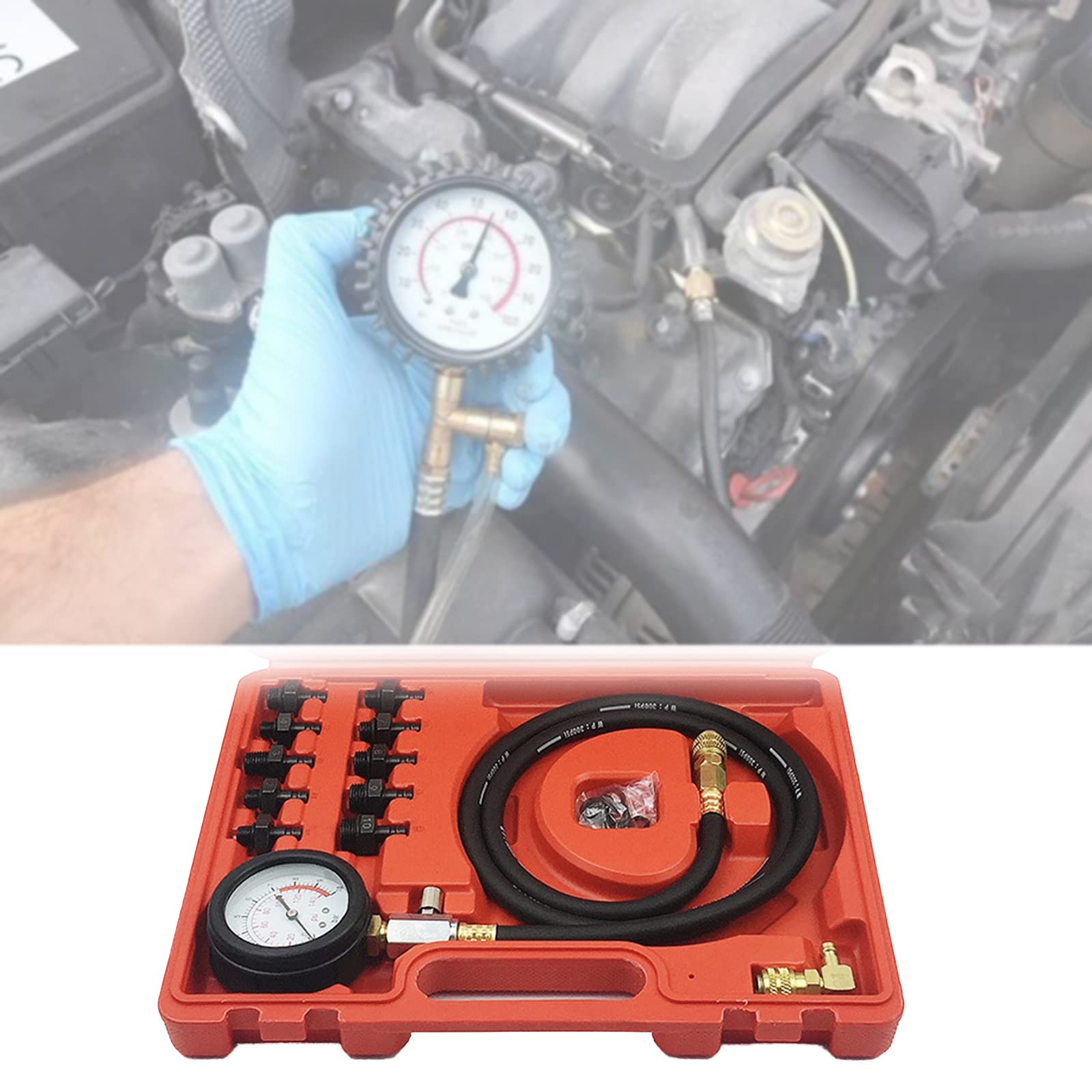Medidor de presión de aceite con adaptadores y caja de almacenamiento, prueba mecánica de compresión del motor 0-140