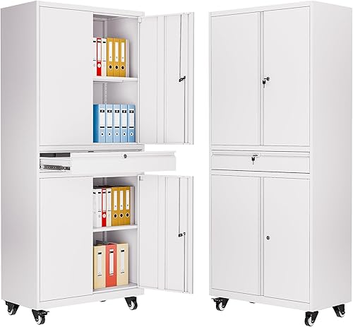 Armario de almacenamiento de metal con ruedas, armario alto de almacenamiento de garaje con 2 estantes ajustables y cajón, armario de herramientas
