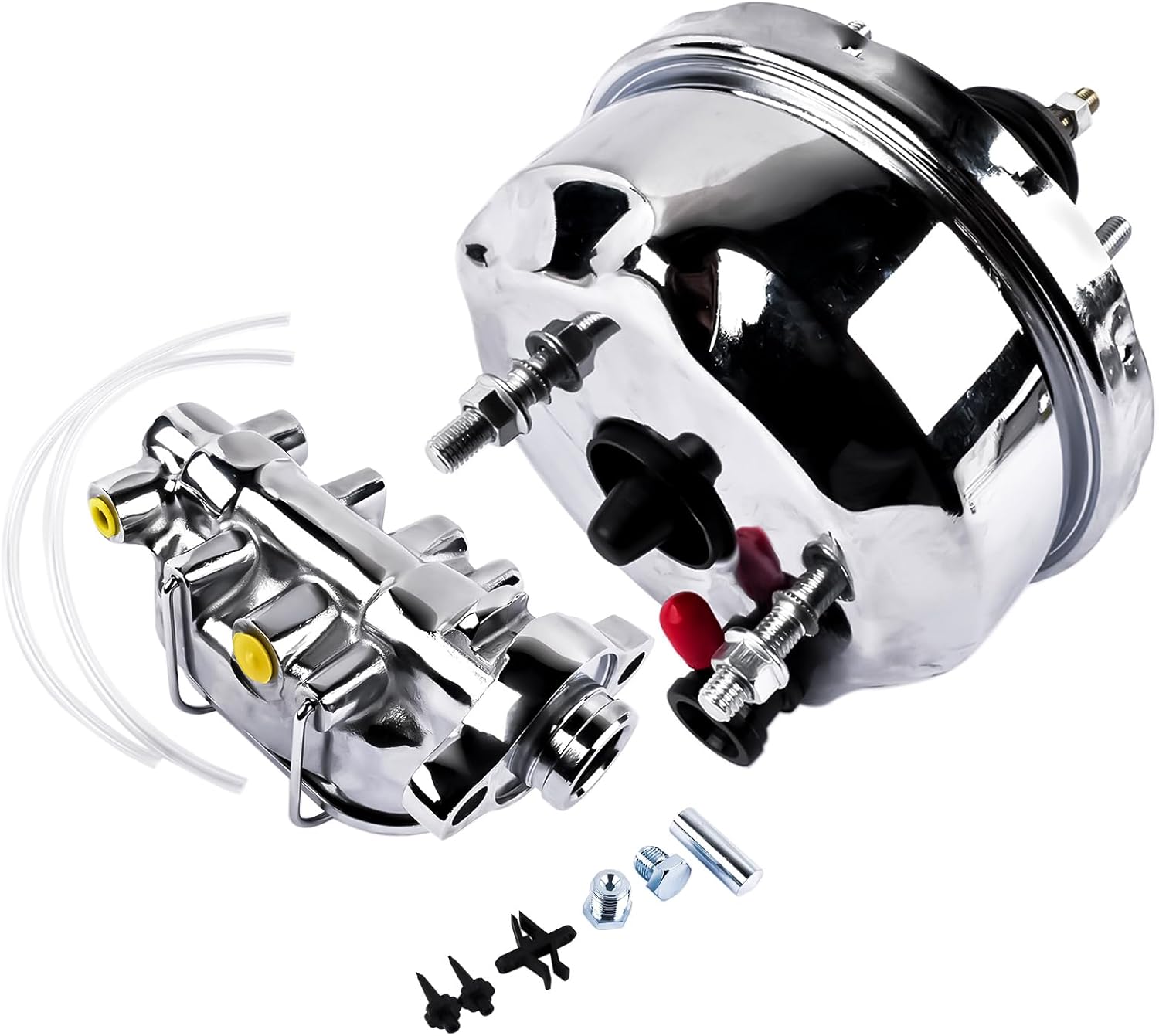 7" Chrome Power Brake Booster with Bail Top Master Cylinder 1" Bore 9/16" and 1/2" Zinc