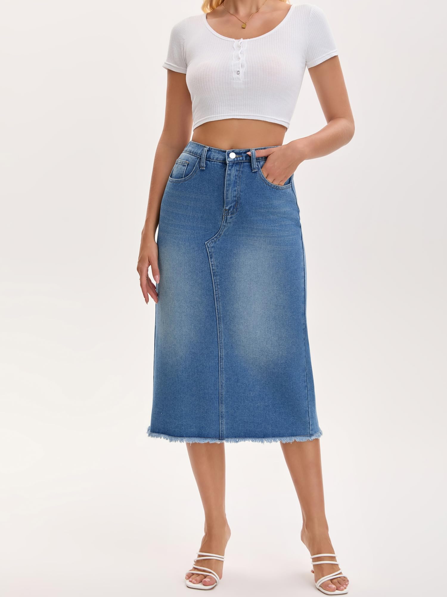 Femme Jupe Longue en Jean Taille Élastique Fente | Longueur Midi Fente Dos Taille Élastique Ourlet Effiloché Coupe Haute Poches Obliques