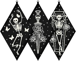 CRASPIRE 3Pcs Skull Gothic Wall Decor Witchy Spooky Art Wooden with Hook Flowers Tarot Hanging Sign Pediments Halloween Decoration for Home, Gallery Black 6.7 x 11.8in (AJEW-WH0249-011-EU15)