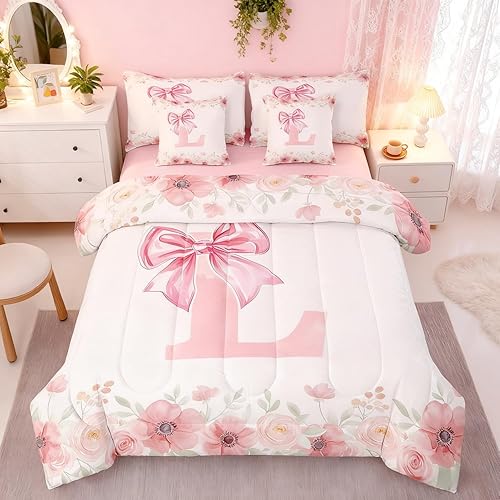 Pink Monogram L Bedding Sets, Cute Bow Tie Bowknot Bed in A Bag Full Size for Gi