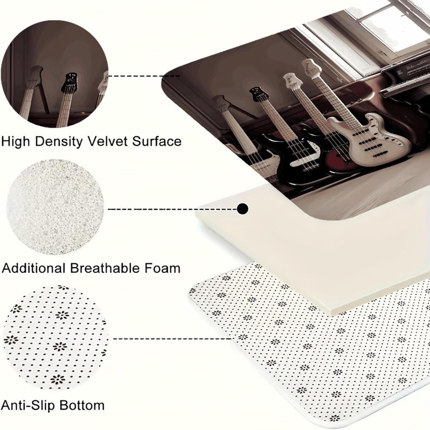 Guitar Bass Music Musical Instruments Kitchen Mat Set of 2 Personalized Comfort Floor Mats Anti-Fading Flannel Rug Durable Non-Slip Kitchen Rugs Heavy Duty Standing Mat for Kitchen Laundry Bathroom