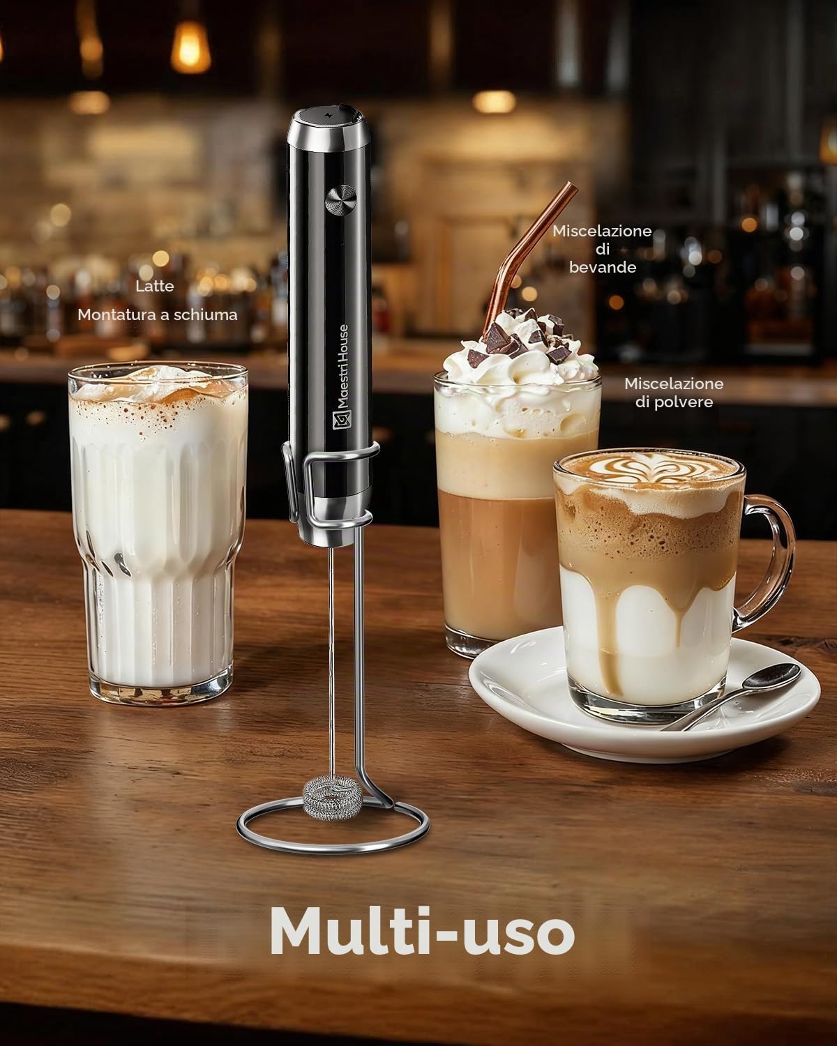 Maestri House Montalatte Elettrico, Impermeabile Portatile Frullino Montalatte Cappuccinatore Elettrico, Potente Frullatore in Acciaio Inox per Latte, Matcha, Cappuccino,