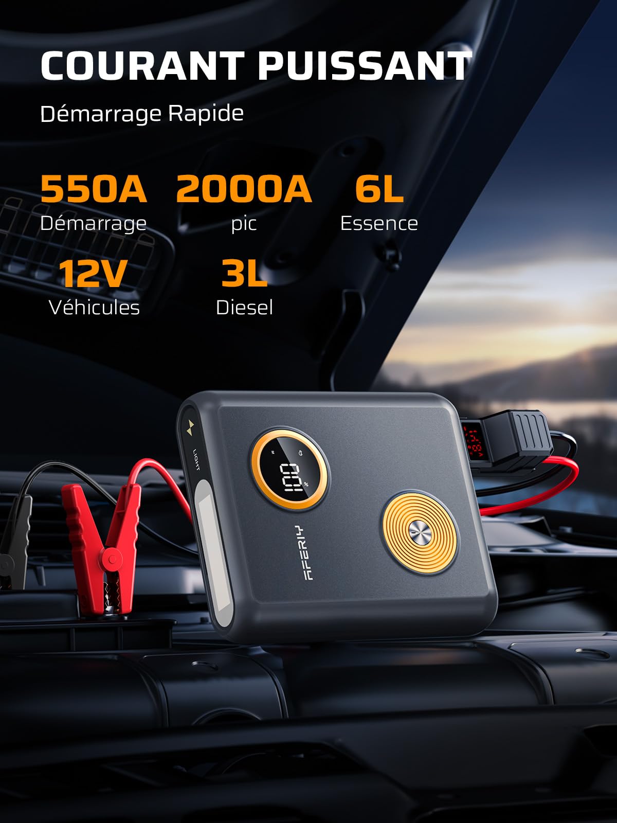 AFERIY Booster Batterie Voiture 2000A, Démarreur de Batterie Sodium-ION Ultra-Sécurité -40℃~80℃, Powerbank 27500mAh PD60W Charge Rapide, 12V pour Essence 6.0L / Diesel 3.0L