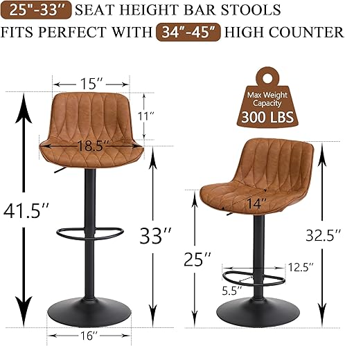Miniatura 2 de Juego de 2 taburetes de bar giratorios, taburetes de bar de altura de mostrador marrón con respaldo, taburete de bar ajustable de 25 a 33 pulgadas,